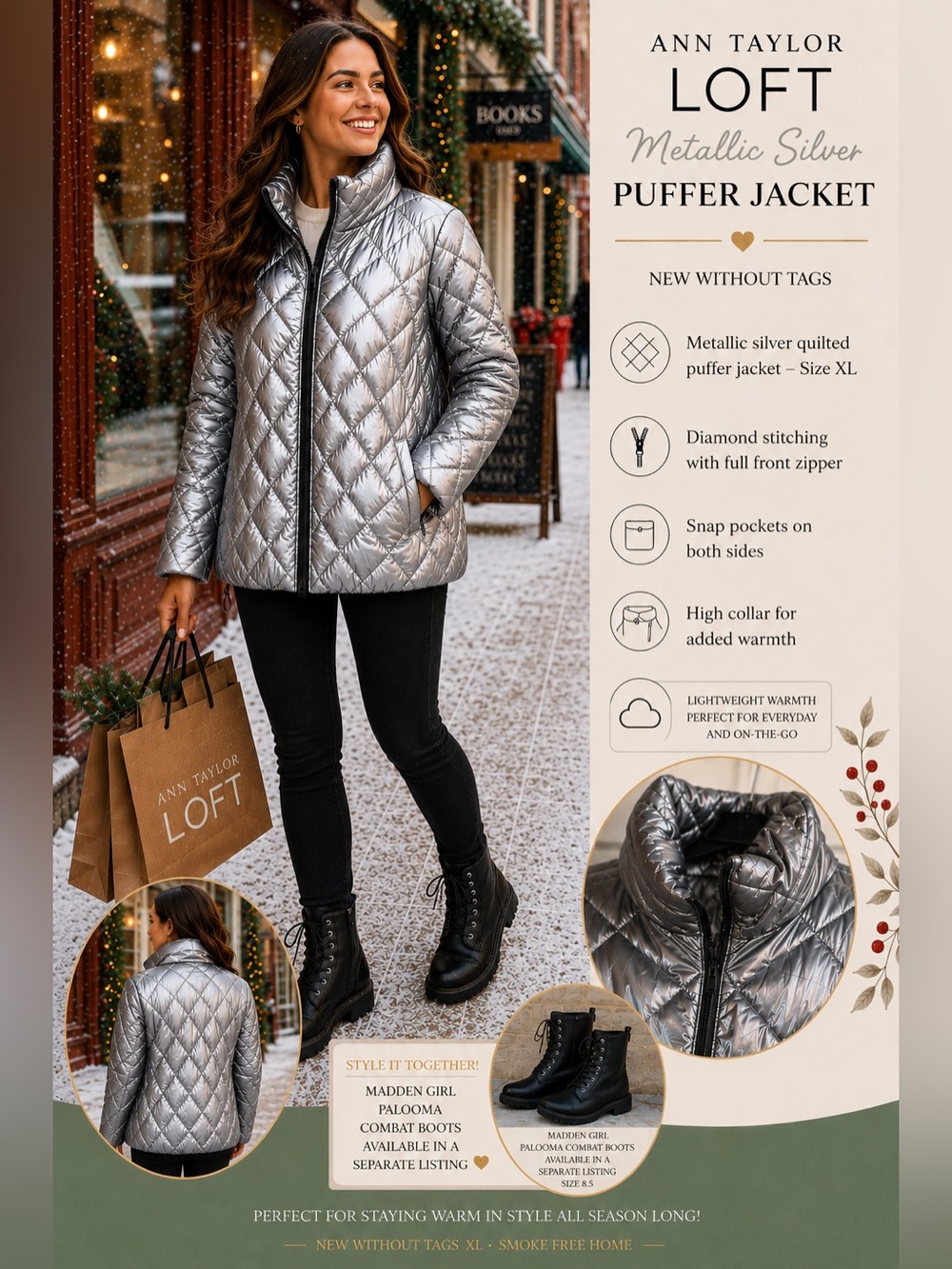 Ann Taylor LOFT/Lou & Grey Quilted Puffer Jacket - Metallic Silver Size XL NWOT